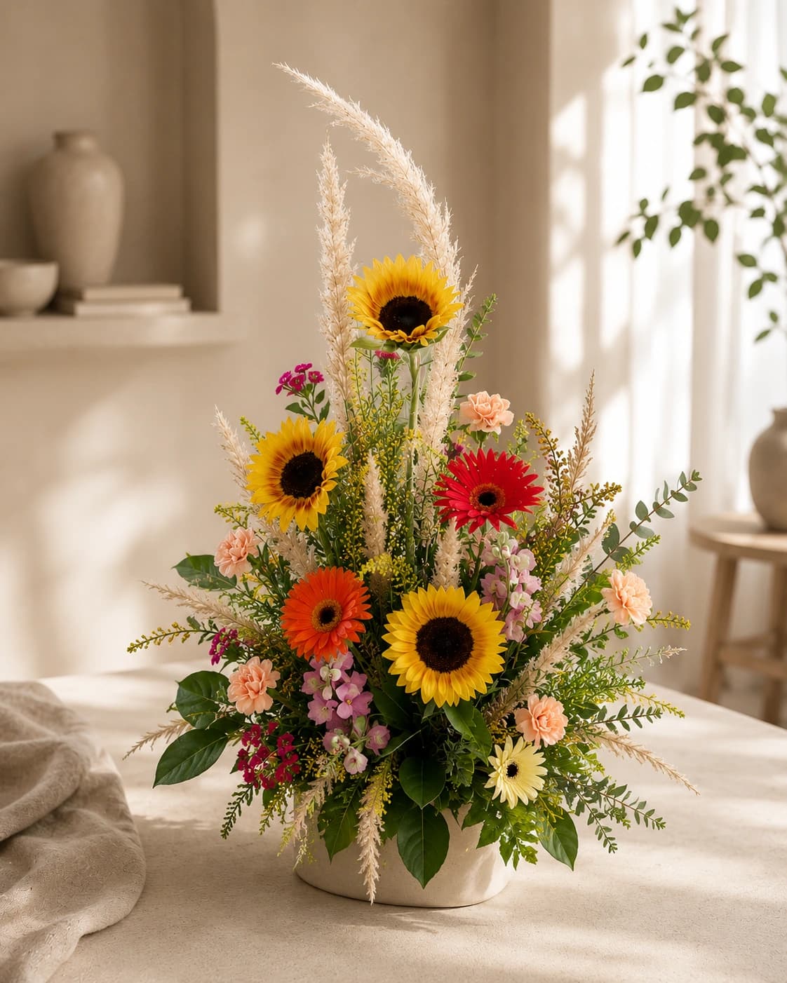 Sommerwiese: Sonnenblumen + Sommerblumen, gesteckt — Pusteblume Halle