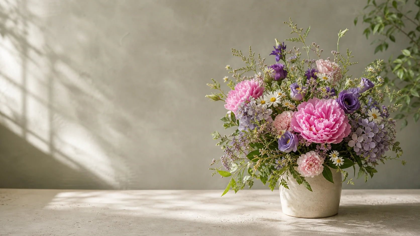 Sommerstrauß mit Pfingstrosen, Eustoma und Hortensien im Keramiktopf vor heller Wand — Pusteblume Halle (Saale)