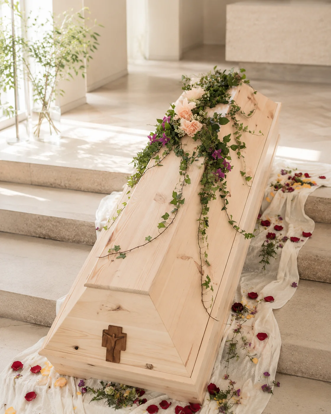 Sargschmuck mit Rosen und Efeuranken auf hellem Holzsarg. Pusteblume Halle
